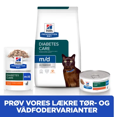 Hill's Prescription Diet Diabetes Care m/d tør- og vådfoder til kat, tekst: PRØV VORES LÆKRE TØR- OG VÅDFODERVARIANTER. Kat ved siden af produkterne.