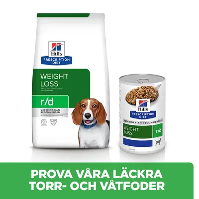 Hill's Prescription Diet Weight Loss r/d torrfoderpåse och våtfoderburk med texten 'Prova våra läckra torr- och våtfoder' på grön bakgrund.