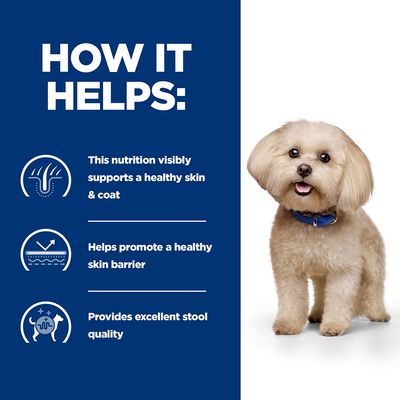 Graphic with English text: Nutrition supports healthy skin and coat, promotes a healthy skin barrier, and ensures excellent stool quality. Dog pictured next to it.