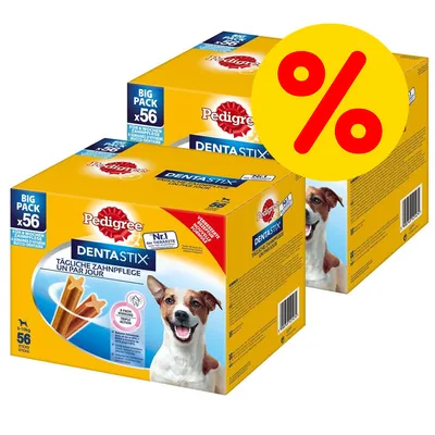 Pedigree DentaStix BIG PACK x56, kaksi pakkausta. Keltaisessa pakkauksessa näkyy tuotenimi ja kuva tikkuherkuista. Suuri prosenttimerkki oikeassa yläkulmassa. Pedigree DentaStix BIG PACK x56, kaksi pakkausta. Keltaisessa pakkauksessa näkyy tuotenimi ja kuva tikkuherkuista. Suuri prosenttimerkki oikeassa yläkulmassa.