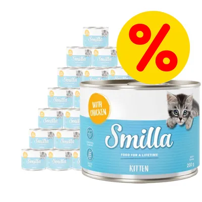 Multipack di lattine Smilla Kitten with chicken 200 g, immagine con simbolo percentuale rosso su sfondo giallo che indica offerta o sconto visibile.