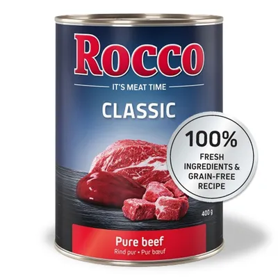 Rocco Classic Pure Beef, lata de 400g. 100% ingredientes frescos y receta sin cereales.