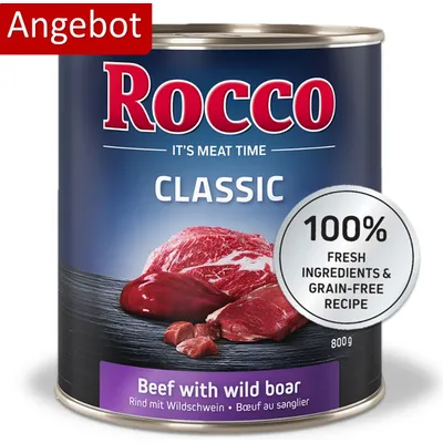 Rocco Classic Rind mit Wildschwein, 800g Dose. 100% frische Zutaten und getreidefreie Rezeptur. Angebot.