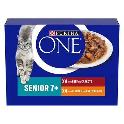 Purina ONE Senior 7+ cat food box, visible text: X4 with beef and carrots, X4 with chicken and green beans. Image of a grey cat and plate of food on front.