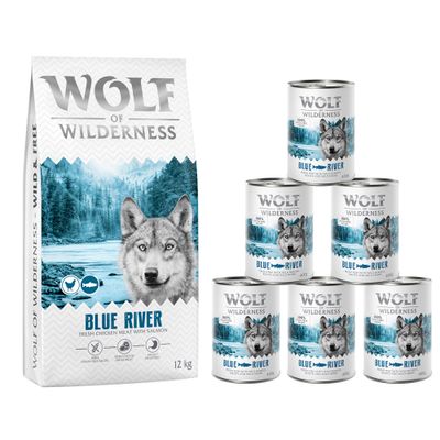 Wolf of Wilderness Wild Hills 12 kg száraz táp és 6 konzerv. Lila-fehér csomagolás, felirat: 100% grain-free recipe, Próbálja ki! narancssárga körben.