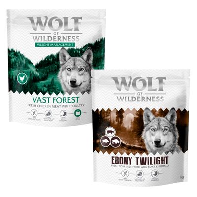 Wolf of Wilderness kutyatáp csomagok: Blue, Sunny, Wild, Green Fields. 100% grain-free recipe. Próbálja ki! felirat narancssárga körben.