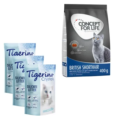 Próbacsomag: 3 x 5 l Tigerino Classic Crystals alom + 400 g Concept for Life - Tigerino + British Shorthair Adult 