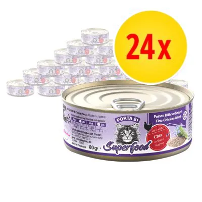 Porta 21 Superfood kattmat, 24x80 g burkar. Text: Feines Hühnerfleisch, Chia in Sauce, synlig näringsanalys och ingredienslista på etiketten. Porta 21 Superfood kattmat, 24x80 g burkar. Text: Feines Hühnerfleisch, Chia in Sauce, synlig näringsanalys och ingredienslista på etiketten.