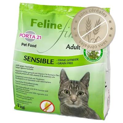 Feline Porta 21 Pet Food Adult Sensible sans céréales, sachet de 2 kg avec image de chat et mention 'grain free', pastille 'sans céréales' visible sur l’emballage.
