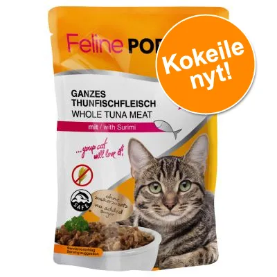 Feline Porta -kissanruoka, whole tuna meat with surimi. Tekstit: 'Kokeile nyt!', 'no added sugar', 'your cat will love it!'. Kuvassa myös kissan kuva ja annosruoka.