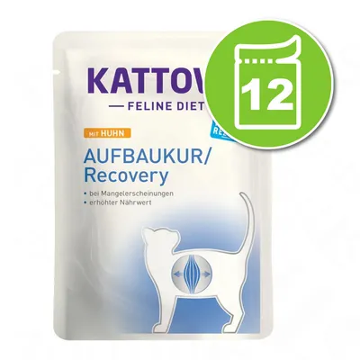 Sachet Kattovit Feline Diet Aufbaukur Recovery avec poulet, texte en allemand, icône verte indiquant 12 unités. Mention de valeur nutritionnelle élevée et carences. Sachet Kattovit Feline Diet Aufbaukur Recovery avec poulet, texte en allemand, icône verte indiquant 12 unités. Mention de valeur nutritionnelle élevée et carences.