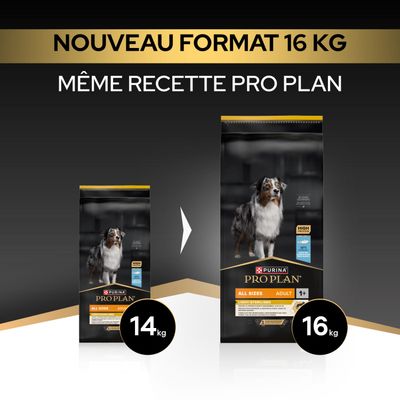 Purina Pro Plan All Sizes Adulte Light/Stérilisé maintenant au nouveau format 16 kg, même recette qu'auparavant, auparavant 14 kg.
