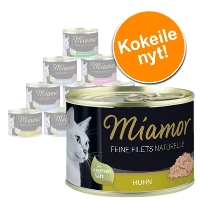 Miamor Feine Filets Naturelle -kissanruokapurkkeja, etualalla Huhn-maku. Oranssi merkki: Kokeile nyt! Tekstiä myös saksaksi: im eigenen Saft.