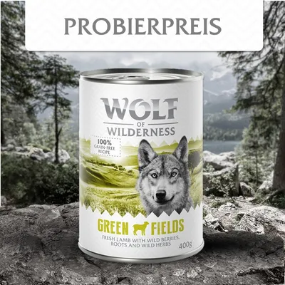 Wolf of Wilderness Green Fields, 400g Dose, 100% grain-free recipe mit frischem Lamm, Wildbeeren, Wurzeln und Wildkräutern. Probierpreis-Angebot.