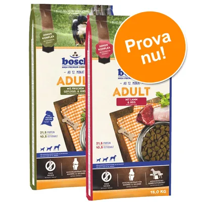 Två påsar Bosch Adult hundfoder, en med färsk fågel och hirs, en med lamm och ris. Text: 21,5 % protein, 10,5 % fett, utan vete, 15,0 kg. Orange cirkel med texten 'Prova nu!'.