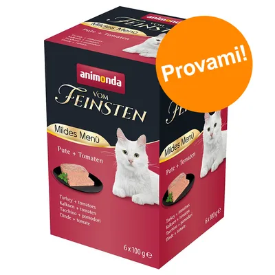 animonda Vom Feinsten Mildes Menü Pute + Tomaten, Tacchino + pomodori, confezione da 6 x 100 g per gatti. Etichetta arancione con testo: Provami!