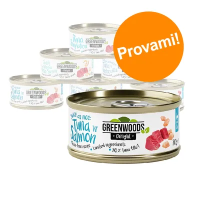 Scatolette Greenwoods Delight per gatti, visibili vari gusti tra cui Tuna 'n' Salmon. Testo sulla confezione: 70% tuna fillet, grain-free recipe, limited ingredients. Bollino arancione: Provami!