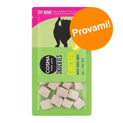 Cosma Pure Love Snackies Chicken, gently freeze-dried, 100% pure meat. Etichetta arancione con testo: Provami! Cosma Pure Love Snackies Chicken, gently freeze-dried, 100% pure meat. Etichetta arancione con testo: Provami!