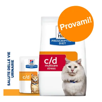Hill's Prescription Diet c/d multicare stress per gatti, confezione con scritta 'Provami!' e testo laterale 'Salute delle vie urinarie' visibile sull'immagine.