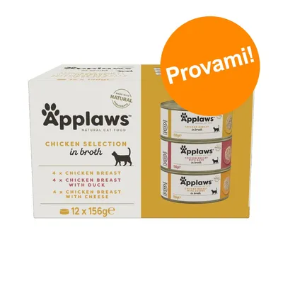 Applaws Natural Cat Food Chicken Selection in broth, 12 x 156 g: 4 x chicken breast, 4 x chicken breast with duck, 4 x chicken breast with cheese. Testo arancione: Provami! Applaws Natural Cat Food Chicken Selection in broth, 12 x 156 g: 4 x chicken breast, 4 x chicken breast with duck, 4 x chicken breast with cheese. Testo arancione: Provami!