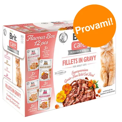 Brit Care Flavour Box 12 pezzi, Fillets in Gravy per gatti adulti, superpremium grain-free, gusti: anatra, tacchino, pollo, salmone. Testo arancione: Provami!