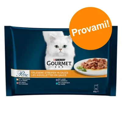 Confezione Purina Gourmet Perle, strisce in salsa. Testo visibile: 'Provami!'. Immagine di un gatto bianco e piatto con bocconcini. 4x85g. Confezione Purina Gourmet Perle, strisce in salsa. Testo visibile: 'Provami!'. Immagine di un gatto bianco e piatto con bocconcini. 4x85g.