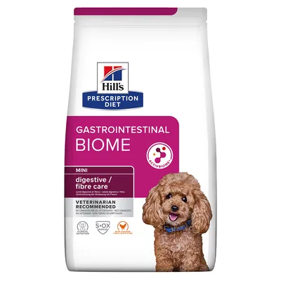Hill's Prescription Diet Gastrointestinal Biome Mini, digestive/fibre care, recommended by veterinarians, ActivBiome+, clinical nutrition, S+OX Shield, with image of a brown poodle.