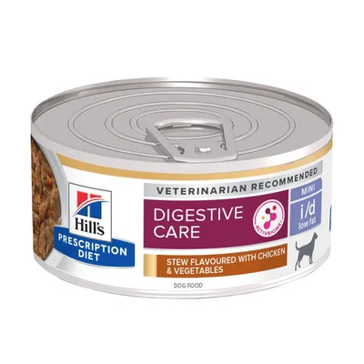Lata de Hill's Prescription Diet Digestive Care i/d low fat mini, estofado con pollo y verduras. Texto visible: VETERINARIAN RECOMMENDED, ACTIVBIOME+, DOG FOOD.