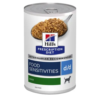 Konzerva Hill's Prescription Diet Food Sensitivities d/d Duck pro psy, nápis VETERINARIAN RECOMMENDED, obrázek krmiva na lžíci, silueta psa.