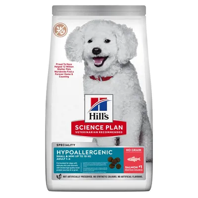 Hill's Science Plan hundefoder, HYPOALLERGENIC SMALL & MINI UP TO 10 KG ADULT 1–6, NO GRAIN, SALMON #1 PROTEIN SOURCE, billede af hvid hund på emballagen. Hill's Science Plan hundefoder, HYPOALLERGENIC SMALL & MINI UP TO 10 KG ADULT 1–6, NO GRAIN, SALMON #1 PROTEIN SOURCE, billede af hvid hund på emballagen.