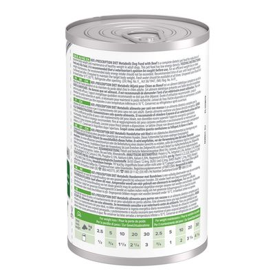 Feeding guide for Hill's Prescription Diet Metabolic Dog Food with Beef. Table shows daily amounts by dog weight: 2.5–30 kg, ½ to 3¼ cans per day for weight loss or maintenance.