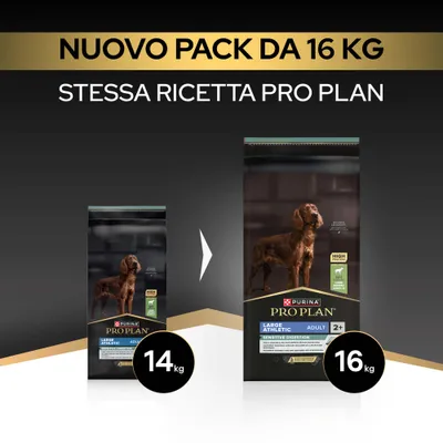 Purina Pro Plan Large Athletic Adult Sensitive Digestion, nuovo pacco da 16 kg, stessa ricetta di prima, precedentemente 14 kg. Purina Pro Plan Large Athletic Adult Sensitive Digestion, nuovo pacco da 16 kg, stessa ricetta di prima, precedentemente 14 kg.