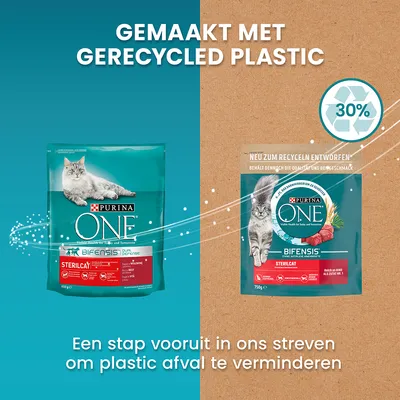 Purina ONE Sterilcat kattenvoer, verpakking met kat en tekst: Gemaakt met gerecycled plastic, 30%. Een stap vooruit in ons streven om plastic afval te verminderen.