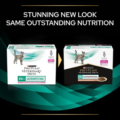 Purina Pro Plan Veterinary Diets EN Gastrointestinal kattmat, bild på gammal och ny förpackning med texten 'Stunning new look same outstanding nutrition' (engelska).