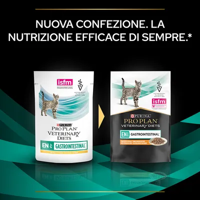 Nuova confezione Purina Pro Plan Veterinary Diets EN Gastrointestinal per gatti, due versioni di packaging con logo isfm e dicitura 'La nutrizione efficace di sempre.'