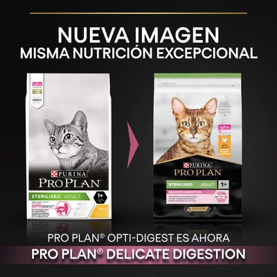 Cambio de imagen en el envase de Purina Pro Plan Sterilised Adult para gatos: antes Opti-Digest, ahora Delicate Digestion. Texto visible: 'Nueva imagen, misma nutrición excepcional'.