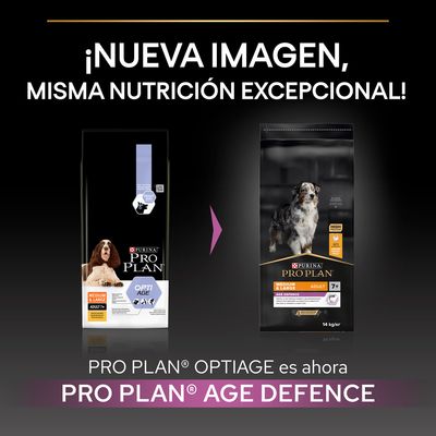 Comparativa de envases: Purina Pro Plan Optiage cambia a Pro Plan Age Defence. Texto: ¡Nueva imagen, misma nutrición excepcional! Medium & Large Adult 7+, 14 kg.