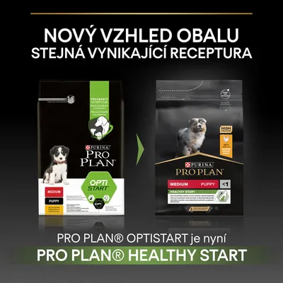 Porovnání starého a nového obalu krmiva PURINA PRO PLAN pro štěňata, MEDIUM PUPPY. OptiStart je nyní Healthy Start. Text: Nový vzhled obalu, stejná vynikající receptura.