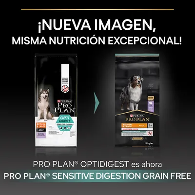 Cambio de imagen del pienso para perros Purina Pro Plan: antes Optidigest Medium & Large Adult, ahora Sensitive Digestion Grain Free Medium & Large Adult 1+, mismo contenido nutricional.