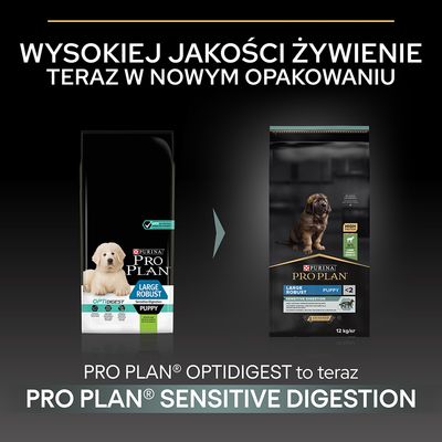 Purina Pro Plan Large Robust Puppy: zmiana opakowania i nazwy z Optidigest na Sensitive Digestion. Widoczne oba warianty opakowań, informacja o wysokiej jakości żywieniu.