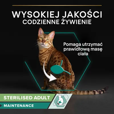 Wysokiej jakości codzienne żywienie. Pomaga utrzymać prawidłową masę ciała. Sterilised Adult Maintenance.