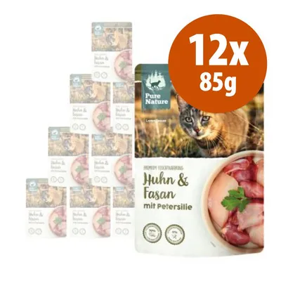Pure Nature Huhn & Fasan mit Petersilie, confezione da 12x85g. Immagine di bustine con foto di gatto e carne di pollo e fagiano con prezzemolo. Testo in tedesco visibile.