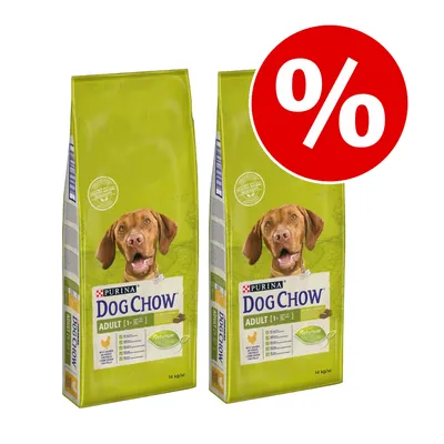 To sække Purina Dog Chow Adult hundefoder 14 kg med billede af hund og stor rød procent-tegn, tekst: Adult [1+], Natrium, kylling. Tilbudspakke vises.