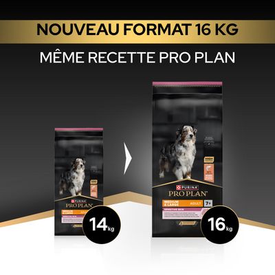 Purina Pro Plan Medium & Large Adulte Sensitive Skin, nouveau format 16 kg, même recette qu’auparavant, auparavant 14 kg.