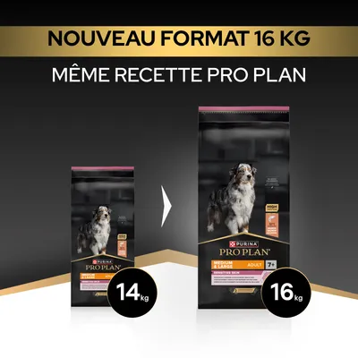 Purina Pro Plan Medium & Large Adulte Sensitive Skin, nouveau format 16 kg, même recette qu’auparavant, auparavant 14 kg. Purina Pro Plan Medium & Large Adulte Sensitive Skin, nouveau format 16 kg, même recette qu’auparavant, auparavant 14 kg.