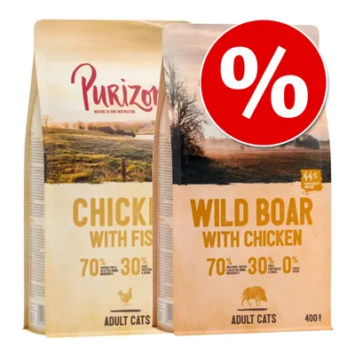 Purizon macskaeledel: Chicken with Fish és Wild Boar with Chicken, 70% hús, 30% zöldség, Adult Cats, 400 g, piros százalékos akciójelzés a csomagoláson