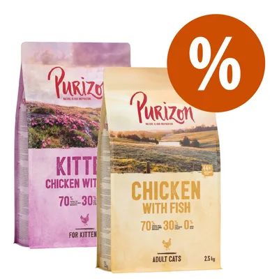 Set di transizione! Crocchette Purizon per gattini e per gatti adulti - 2,5 kg Kitten Pollo & Pesce + 2,5 kg Adult Pollo & Pesce