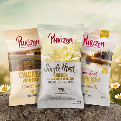 Purizon karma dla kotów: Chicken with Fish, Single Meat Chicken with Camomile Blossoms, Specialised Sterilised. 70% białka, bez zbóż. Wyprodukowano w Niemczech.