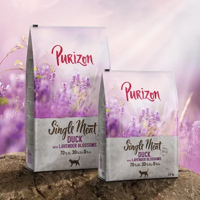 Purizon Single Meat Duck con fiori di lavanda, 70% carne, 30% verdure, 0% cereali. Confezione in due formati: 2,5 kg e confezione più grande visibile.
