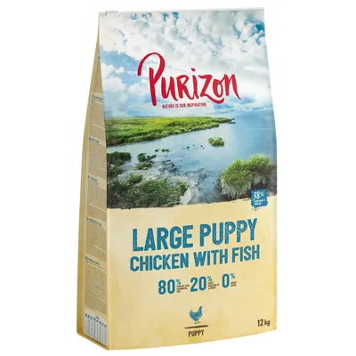 Purizon Large Puppy Chicken with Fish, 80% animalske ingredienser, 20% grøntsager og frugt, 0% korn, 12 kg. Tørfoder til hvalpe med 38% proteinindhold.